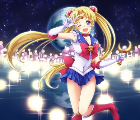 Sailor Moon - pretty, anime, twin tail, kawaii, female, twintail, scene, blonde, blond hair, night, light, long hair, happy, sailor moon, blond, hd, nice, smiling, twin tails, anime girl, sailormoon, twintails, girl, blonde hair, lovely, sweet, cg, glow, smile, magical girl, cute, adorable