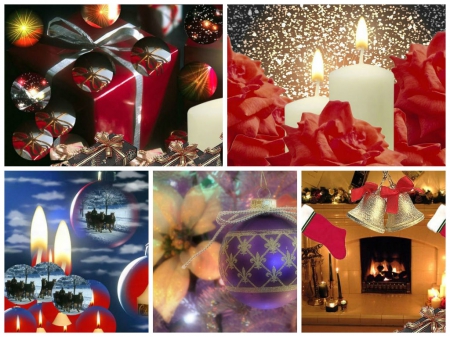 Christmas Spirit - white purple, Collage, presents, ornament, bells, fireplace, red, candles, Christmas