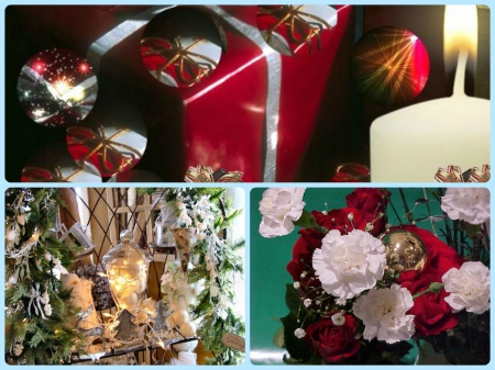 Christmas Sparkle - white, candle, red, presents, pine, wreath, flower, carnations