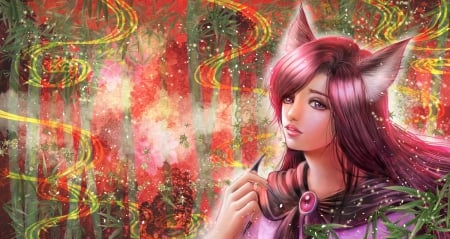 Refrain - nice, realistic, beauty, redhead, female, hair, anime girl, touhou, pretty, anime, cute, girl, long hair, imaizumi kagerou, red hair, lovely, cg, hd, ears, abstract, red, beautiful, sweet, kitsune, bamboo