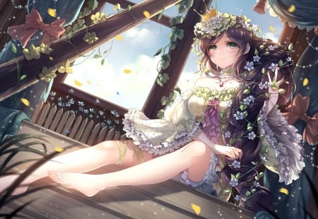 The Tower - pretty, female, window, blossom, maiden, princess, nice, purple hair, gown, royalty, hot, beauty, flower, petals, cg, lady, cute, floral, shorts, sexy, anime, tiara, kawaii, crown, dress, long hair, gorgeous, hd, sitting, anime girl, beautiful, girl, lovely, brown hair, sweet, toujou nozomi, vine, adorable