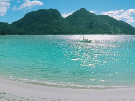 Calm Sea - clouds, beach, ship, sea, mountains, sky