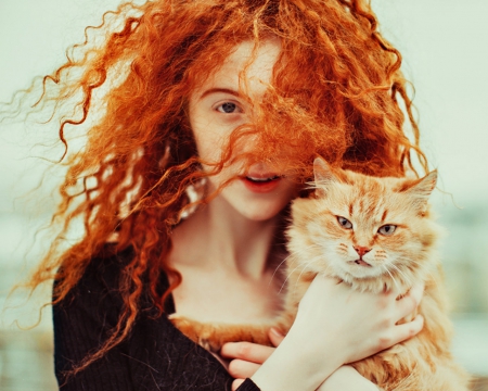 Beauty and Cat - animal, woman, hair, cat