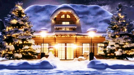 Snow house - house, christmas, snowman, lights, snow, tree