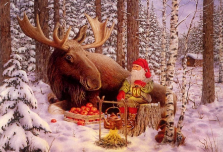 Forest gnome - forest, winter, dwarf, frost, deer, art, house, trees, gnome, painting, snow