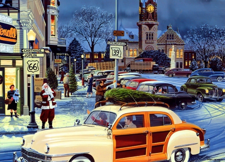 Santa in the town - mood, cars, winter, town, beautiful, evening, eve, tree, street, christmas, santa, holiday, painting, art