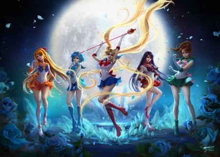 Bishoujo Senshi Sailor Moon - hot, sailor mars, magic, anime girl, blond hair, blonde hair, petals, sailor jupiter, sailor mercury, sexy, long hair, blue rose, beautiful, sweet, beauty, sailor venus, nice, realistic, female, twintail, fantasy, rose, brown hair, gorgeous, pretty, anime, short hair, twin tail, scene, moon, girl, twintails, magical girl, lovely, cg, sailor moon, hd, blue hair, twin tails, sailormoon, flower, blonde