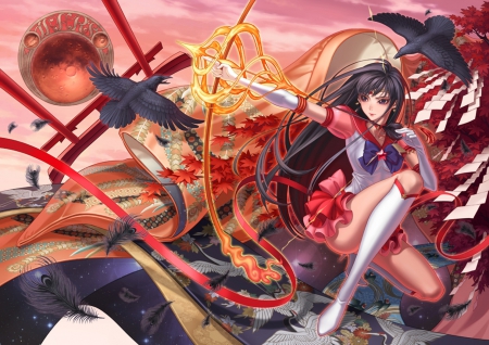 Mars Flame Sniper - nice, realistic, beauty, female, magic, sailor mars, crown, anime girl, fire, archer, flame, pretty, anime, feather, scene, arrow, girl, magical girl, lovely, bird, sailor moon, cg, hd, beautiful, sweet, sailormoon, blaze