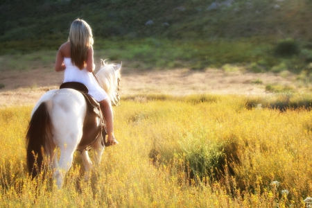 Blazing A Trail - field, horse, cowgirl, boots