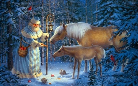 Saint Nicholas - snow, sanit nickolas, horses, vintage