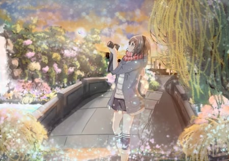 Take a picture - flowers, pretty, anime, scarf, camera, girl, cute, butterfly