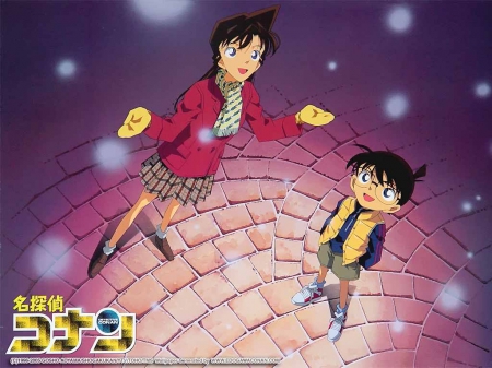 Detective Conan - cute, ran mouri, female, conan edogawa, male, snow, detective conan