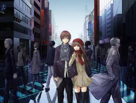 Exciting Date - Anime Girl, Dress, Brown Hair, Anime, Original, Long Hair, Jacket, Wallpaper, Anime Guy, Scarf