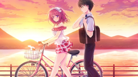 Thank You For Walking Me Home - Sunset, Skirt, Anime Girl, Clouds, Brown Hair, Anime, Komatsu Rina, Bow, Anime Guy, Sky, Bicycle, Braids, Purple Eyes, Evening, Short Hair, School Uniform, Wallpaper, kimi no tonari de koishiteru