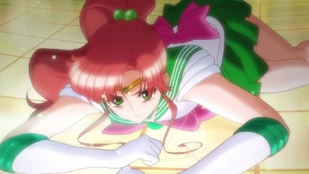 Sailor Jupiter - pretty, anime, female, light, long hair, sailor moon, nice, anime girl, laying, sailormoon, beautiful, girl, beauty, lovely, brown hair, brown yellow, sweet, glow, green, magical girl, sailor jupiter, lay