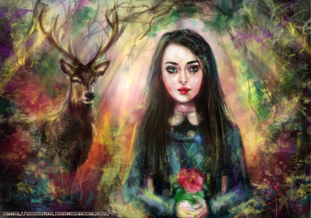 Abigail - girl, fantasy, deer, flower