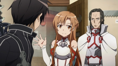 YO! - asuna, yuuki asuna, wallpaper, black, chestnut, kirigaya kazuto, anime, anime girl, kirito, brown, wave, sword art online, smile, hair, anime guy