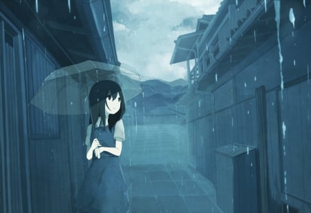 Somber - rain, female, anime, girl, umbrella, blue