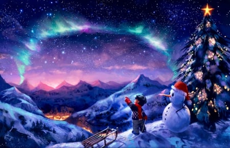 Merry Christmas - boy, star, aurora, snowman, Federico Musetti art, Christmas, tree