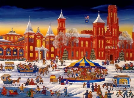 Christmas at the Smithsonian - fun, houses, joy, winter, christmas, painting, santa, art, town, sleigh, snow, holiday