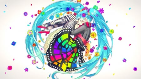 ~Prismatic Dreams~ - pretty, anime, vocaloid, hatsune miku, long hair, flowers, colorful, blue hair, ponytails