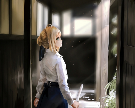 Early Morning - pretty, saber, anime, female, scene, dress, blonde, blond hair, light, long hair, stick, blond, nice, anime girl, shades, ray, beautiful, girl, sword, blonde hair, beauty, morning, lovely, sweet, shadow, kendo, fate stay night