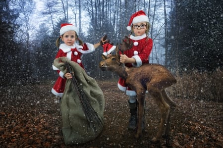 Santa's Little Helpers :) - girls, forest, deer, dress