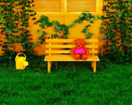 Bench - bench, teddy bear, grass, plants