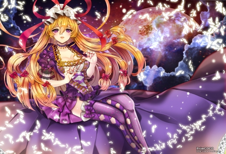 Yakumo Yukari - blond hair, beautiful, blonde, anime girl, girl, blond, blonde hair, magic, yakumo yukari, touhou, pretty, beauty, sweet, anime, dress, long hair, nice, lovely, female