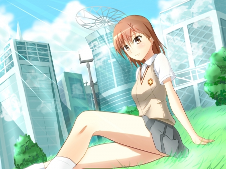 Misaka Mikoto - pretty, mikoto misaka, anime, female, scene, home, uniform, short hair, misaka mikoto, field, nice, mikoto, house, anime girl, to aru kagaku no railgun, beautiful, girl, beauty, lovely, brown hair, sweet, misaka, school uniform, to aru majutsu no index, railgun, vely, building