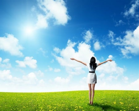 Beautiful Blue Sky - sky, woman, clouds, grass