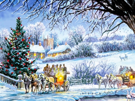 Coming home for Christmas - home, horse, cart, men, snow, tree, christmas