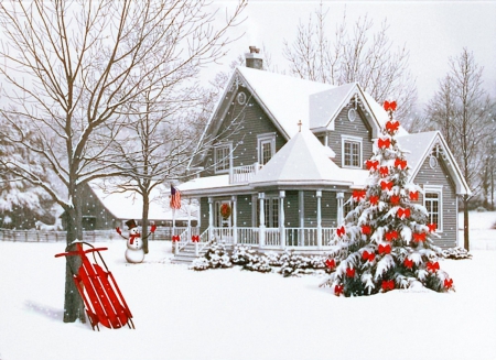 Touch of red - house, christmas, winter, red, snow, tree