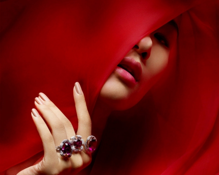 Red Veil - veil, woman, red, ring, face