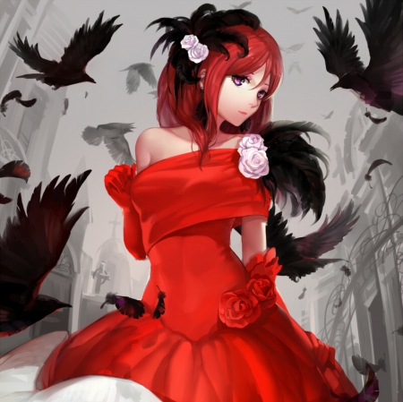 Red - pretty, bird, anime, elegant, female, crown, dress, long hair, short hair, red hair, gorgeous, red, hd, nice, gown, anime girl, realistic, beautiful, hot, girl, feather, beauty, lovely, sweet, cg, black, redhead, awesome, sexy