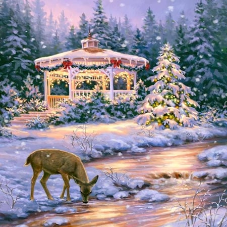 Christmas in nature - peaceful, winter, deer, creek, christmas, now, forest, beautiful, river, splendor, tree, lights, new