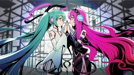 Miku & Luka - Vocaloid, Black, Pink Hair, Hatsune Miku, Megurine Luka, Anime, White, Headphones, Long Hair, Wallpaper, Blue Hair