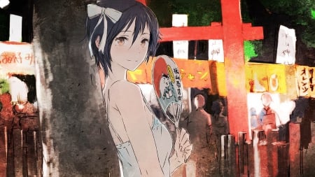 Japanese Festival - wallpaper, fan, short hair, anime, anime girl, japanese festival, bow, nisekoi, seishoru tsugumi, blue hair