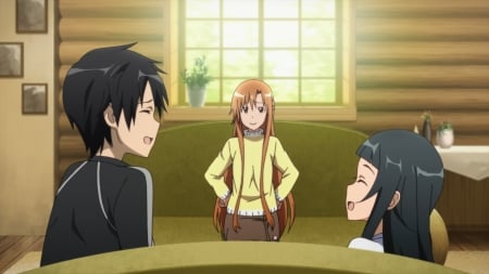 Happy Family - Anime Girl, Smile, Family, Brown Hair, Chestnut Hair, Anime, Asuna, Long Hair, Anime Guy, Laughing, Kirito, Yuuki Asuna, Kirigaya Kazuto, Black Hair, Log Cabin, Yui, Wallpaper