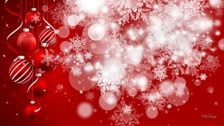 Christmas in Red - bokeh, snowflakes, bubbles, sparkle, christmas, glow, balls, decorations, snow, tensel