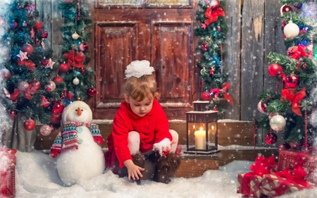 Merry Christmas! - red, child, winter, cute, snowman, girl, christmas, candle, white, lantern, light