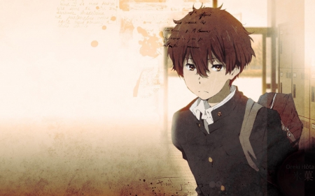 Oreki Hountarou - wallpaper, hyouka, black hair, oreki hountarou, anime boy, brown hair, school uniform, green eyes, anime guy, anime