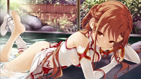 Yuuki Asuna - asuna, yuuki asuna, wallpaper, brown hair, anime, anime girl, braid, long hair, pool, sword art online, uniform