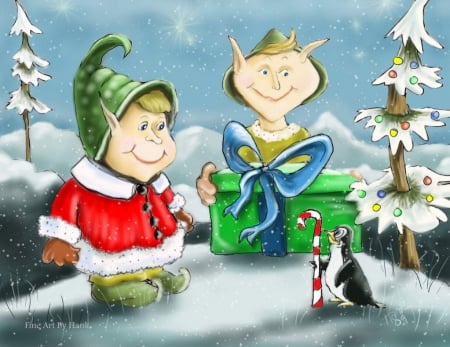 CHRISTMAS ELVES - elves, cute, penquin, christmas