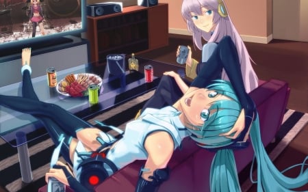 Hanging Out - Skirt, Pink Hair, Hatsune Miku, Anime Girl, Megurine Luka, Anime, Headphones, Long Hair, Wallpaper, Blue Hair