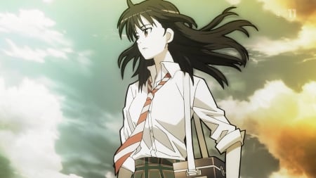 Ibara Naruse - Naruse, Clouds, White Shirt, Anime Girl, Coppelion, Anime, Ibara, Long Hair, School Bag, School Uniform, Seifuku, Tie, Sky, Ibara Naruse