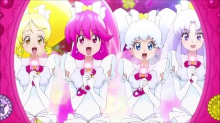 Innocent - nice, female, blond, pretty cure, anime girl, precure, blond hair, pretty, blonde hair, anime, team, cute, sing, girl, adorable, magical girl, long hair, pink hair, purple hair, lovely, kawaii, microphone, singing, sweet, group, blonde, happy