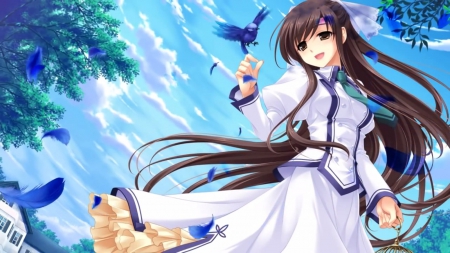 Michiru - bird, anime, kawaii, female, blue, blossom, scene, dress, long hair, lolita, happy, smiling, loli, sky, gown, anime girl, girl, feather, lovely, brown hair, sweet, flower, petals, smile, white, cloud, cute, adorable, floral