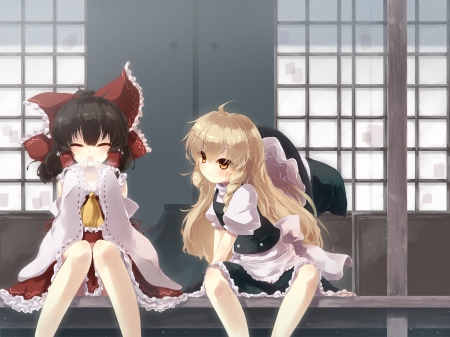 Cold Weather - anime, hakurei, kawaii, female, blonde, shrine maiden, reimu hakurei, blond hair, long hair, home, hakurei reiumu, touhou, blond, ribbon, chibi, reimu, kirisame marisa, hakurei reimu, house, anime girl, winter, girl, blonde hair, cold, cute, adorable