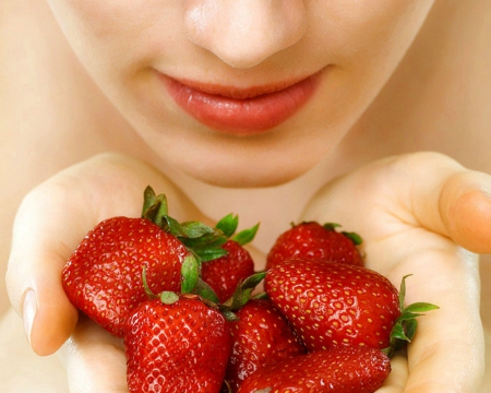 Strawberries - strawrberries, fruits, food, hand, strawberries